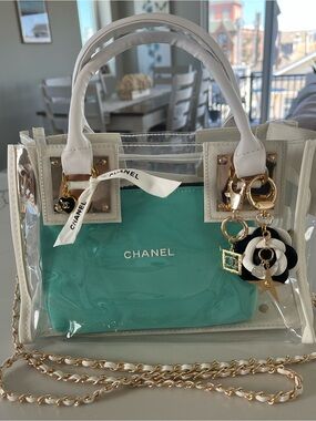 Custom Upcycled Chanel Beauté Clear Bag w Authentic Charms, Ribbon & Makeup Bag